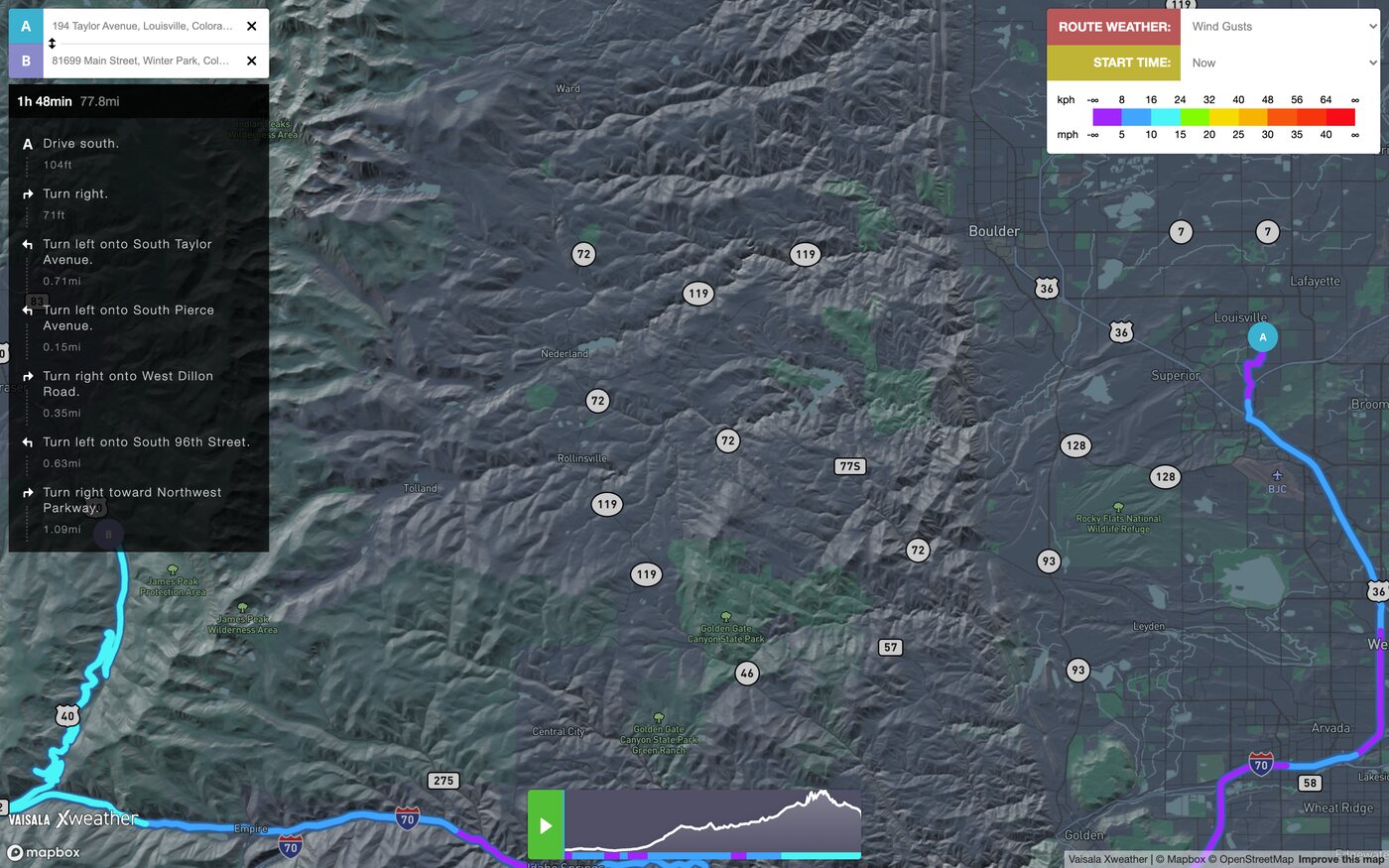 A mountain route from Louisville to Winter Park, Colorado coloured by wind gust speed, beside a list of driving directions.