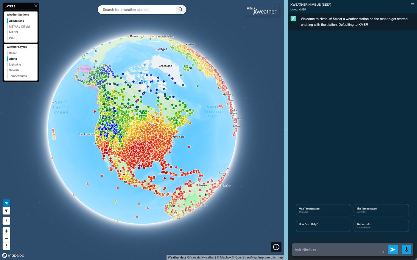 Thousands of colour-coded weather stations on a 3D globe beside a Nimbus chat panel.